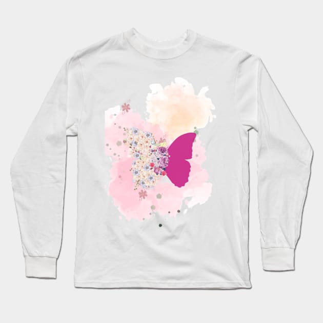 Purple Butterfly and Flower Long Sleeve T-Shirt by Asterme